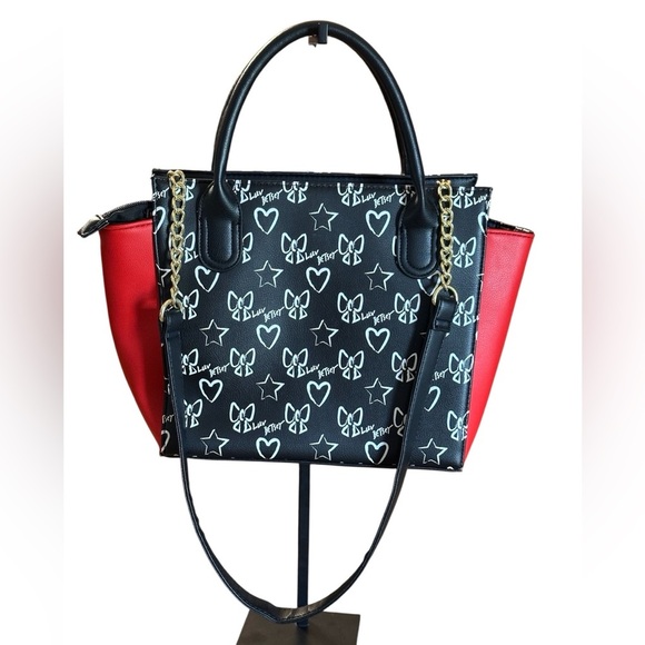 Betsey Johnson Shoulder Bag W Hearts & Bows Gold Chains On Crossbody Strap - Picture 9 of 16
